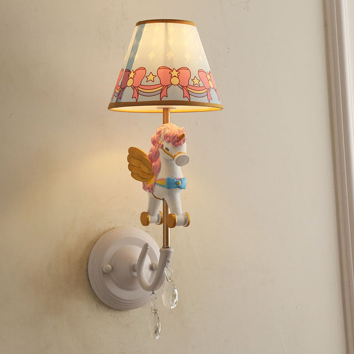 Skørter | Cartoon Cone Wall Lamp Fixture with Unicorn Decoration 1 Head Resin Wall Light in Yellow and Blue/Yellow and Pink/Yellow and Red/Yellow and White for Girls' Bedroom