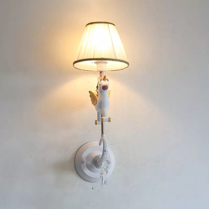 Skørter | White/red and blue tapered wall lamp with cartoon plastic of moose/horse/unicorn 1-lamp wall lamp for children's room