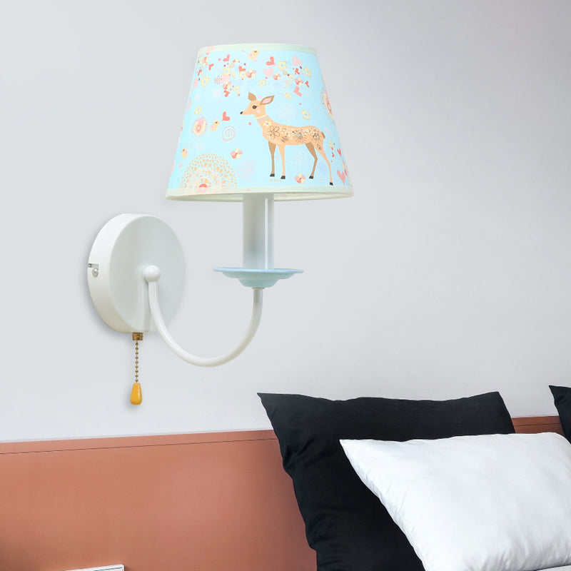Skørter | Animal Sika Deer Wall Lamp with Pull Cord Fabric 1 Light Blue Wall Lamp for Girls Bedroom