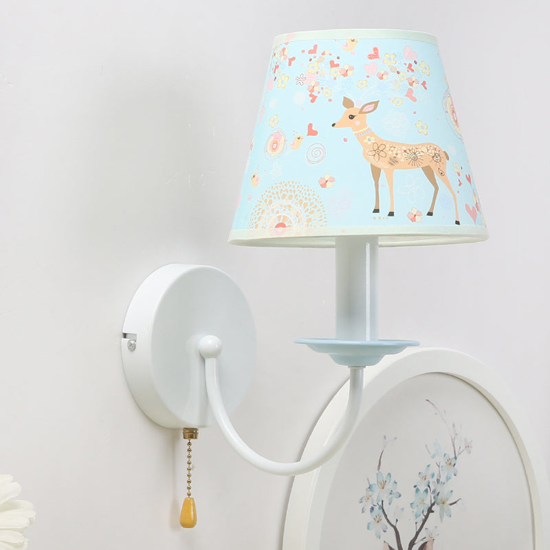 Skørter | Animal Sika Deer Wall Lamp with Pull Cord Fabric 1 Light Blue Wall Lamp for Girls Bedroom