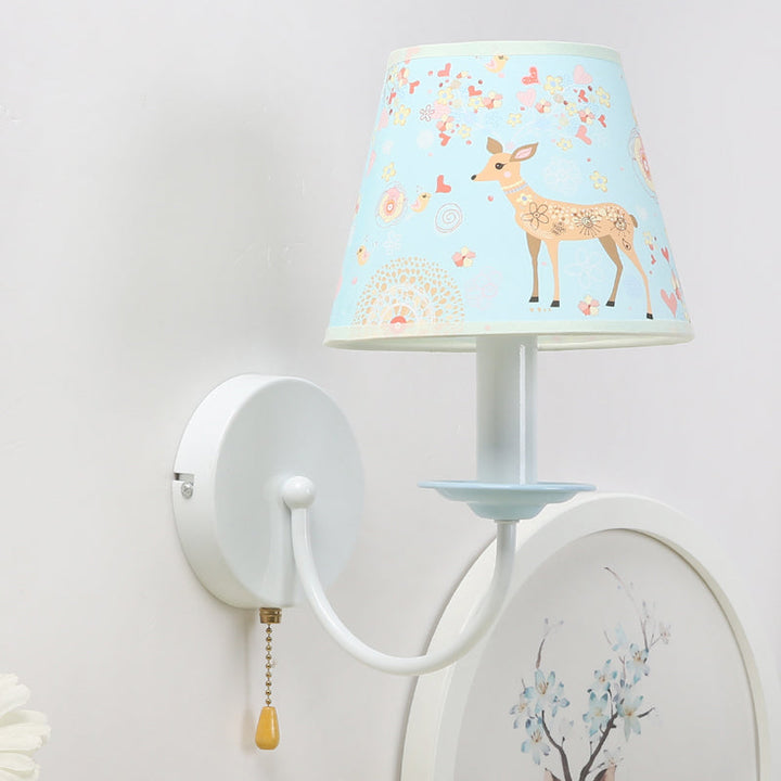 Skørter | Animal Sika Deer Wall Lamp with Pull Cord Fabric 1 Light Blue Wall Lamp for Girls Bedroom