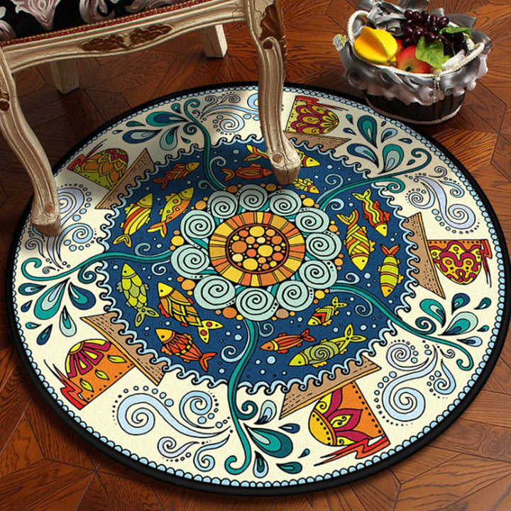 Lisslune | Blue and white bedroom rug southwestern fish tribal rug polyester washable area rug