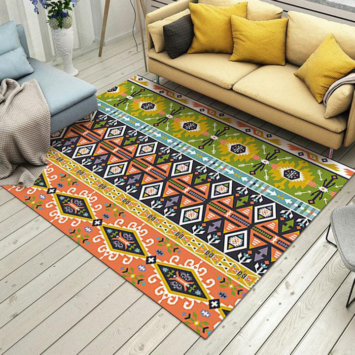 Lisslune | Tribal Stain-Resistant Indoor Runner Ethnic Striped Geometric Rug Orange and Green Polyester Pet-Friendly Rug