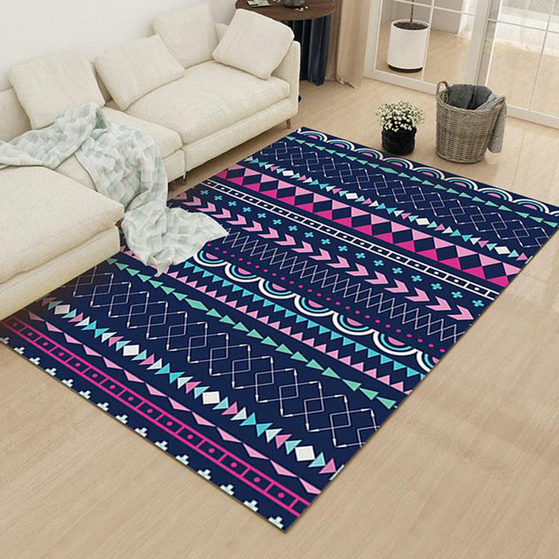 Lisslune | Striped geometric rug with diamond pattern and diamond polyester pet friendly stain resistant indoor mat in blue and purple