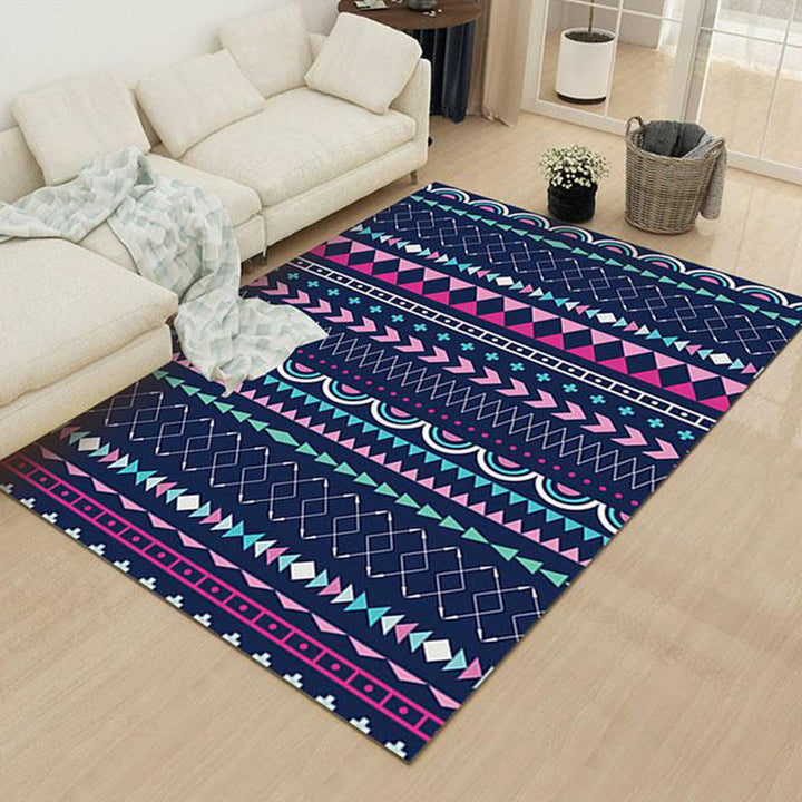Lisslune | Striped geometric rug with diamond pattern and diamond polyester pet friendly stain resistant indoor mat in blue and purple