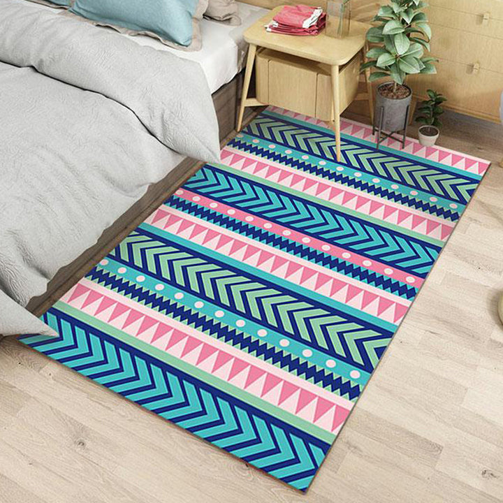 Lisslune | Blue and pink striped tribal rug with chevron geometric polyester pet-friendly stain-resistant indoor rug for bedroom