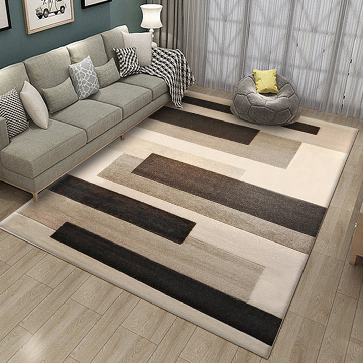 Lisslune | Brown Bedroom Rug Novelty Geometry Rectangle Check Stripe Print Rug Polyester Washable Area Rug