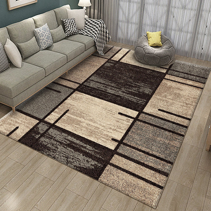 Lisslune | Brown Bedroom Rug Novelty Geometry Rectangle Check Stripe Print Rug Polyester Washable Area Rug