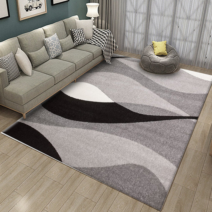 Lisslune | Novelty Stripe Curve Pattern Rug in Black and Gray Polyester Rug Washable Rug for the Living Room
