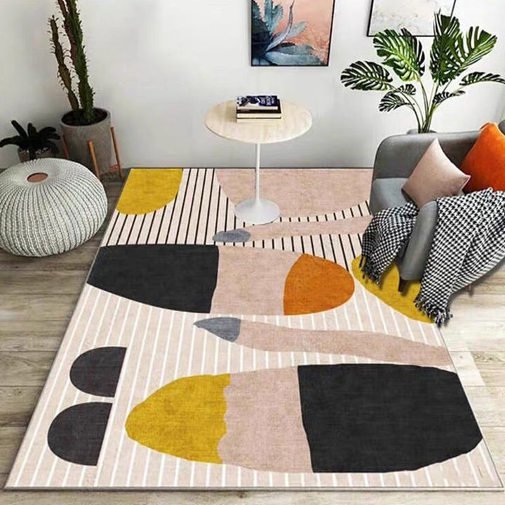 Lisslune | Ivory Bedroom Rug New Stripe Color Block Pattern Rug Polyester Washable Area Rug