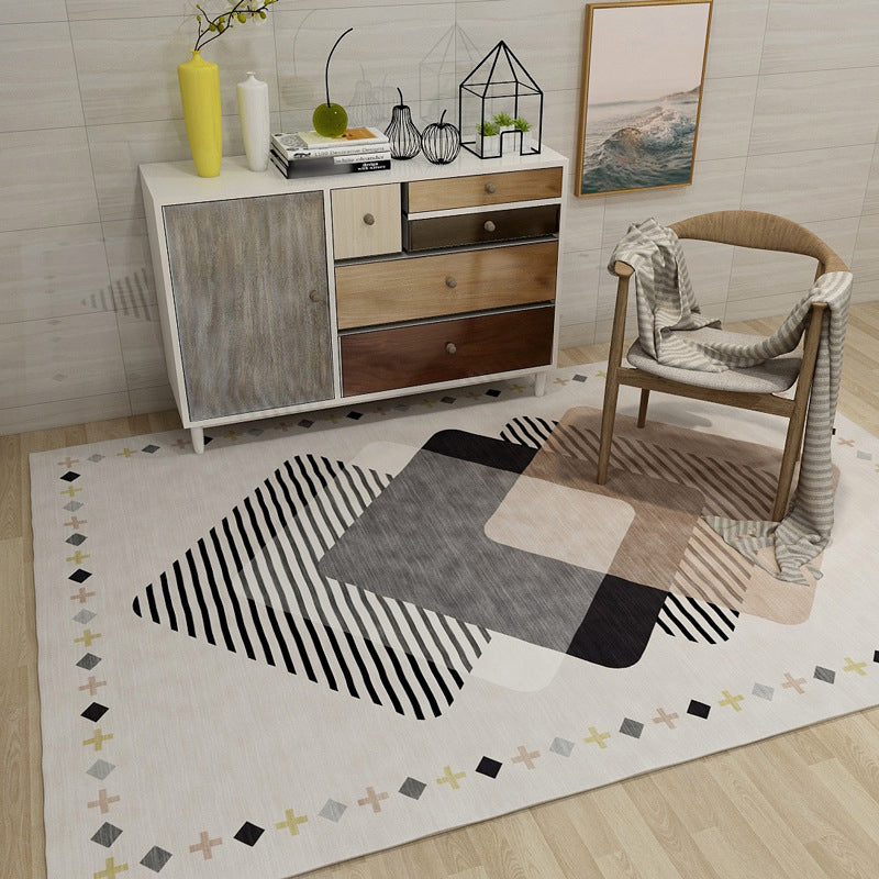 Lisslune | Novelty Geometric Diamond Print Area Rug in Ivory Polyester Carpet Washable Area Rug for Home Decoration
