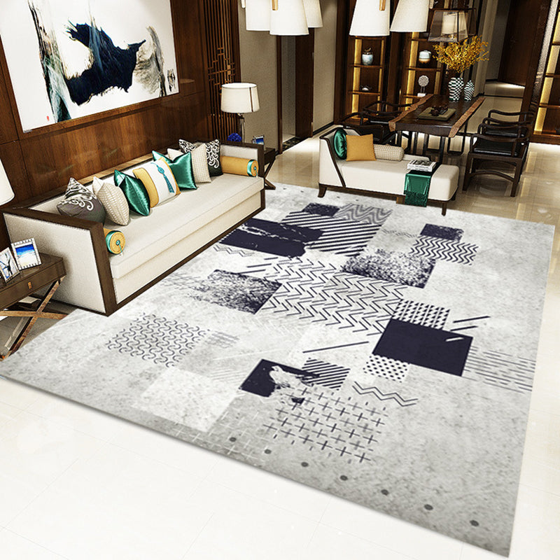 Lisslune | Novelty Bedroom Rug in Gray Geometric Square Chevron Print Rug Polyester Washable Area Rug