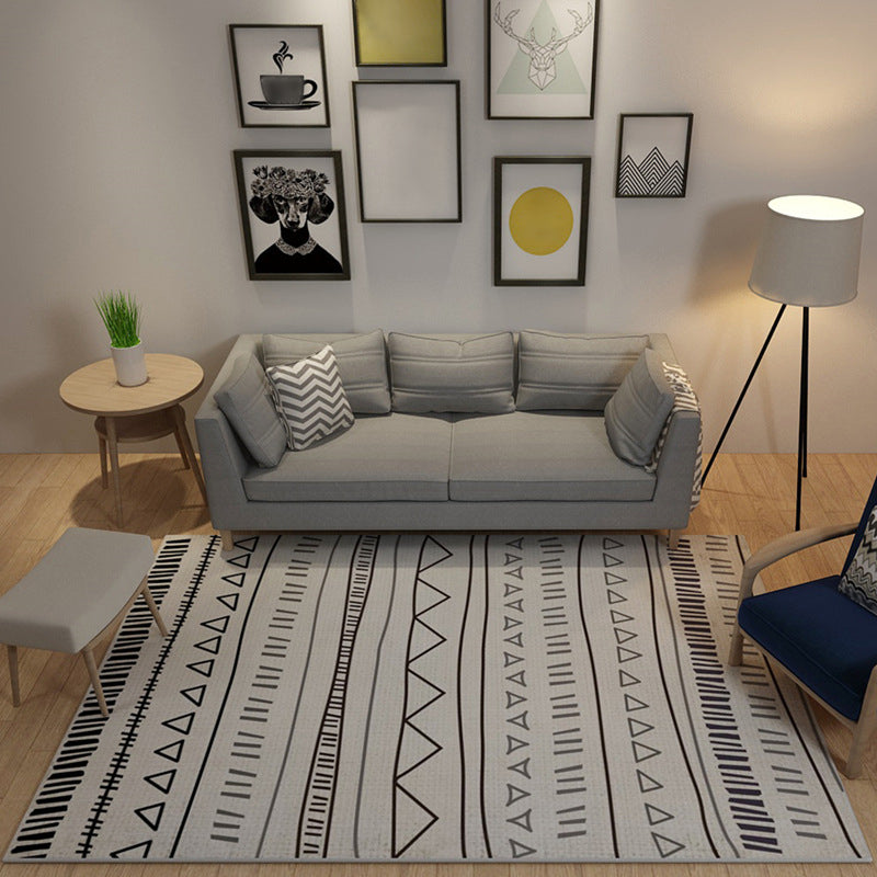 Lisslune | Casual Novelty Rug in Ivory Geometry Stripes Triangle Print Rug Polyester Washable Rug for Home Decoration