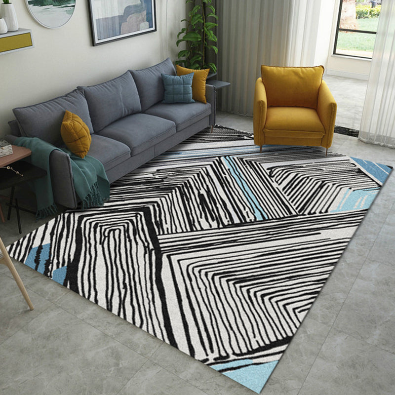 Lisslune | Novelties Bedroom Carpet in Black and White Geometric Stripes Print Carpet Polyester Washable Area Rug