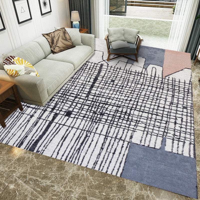 Lisslune | Simple Novelty Carpet in White Stripes Geometric Print Area Rug Polyester Washable Carpet for Bedroom