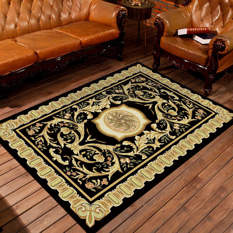 Lisslune | Moroccan living room rug in black and yellow floral print rug polyester area rug