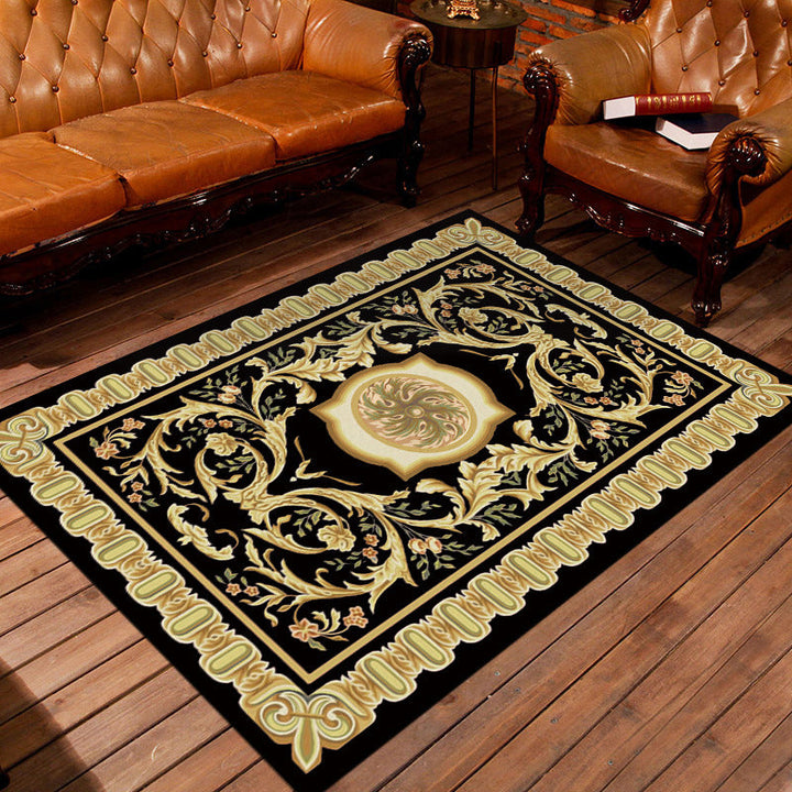 Lisslune | Moroccan living room rug in black and yellow floral print rug polyester area rug