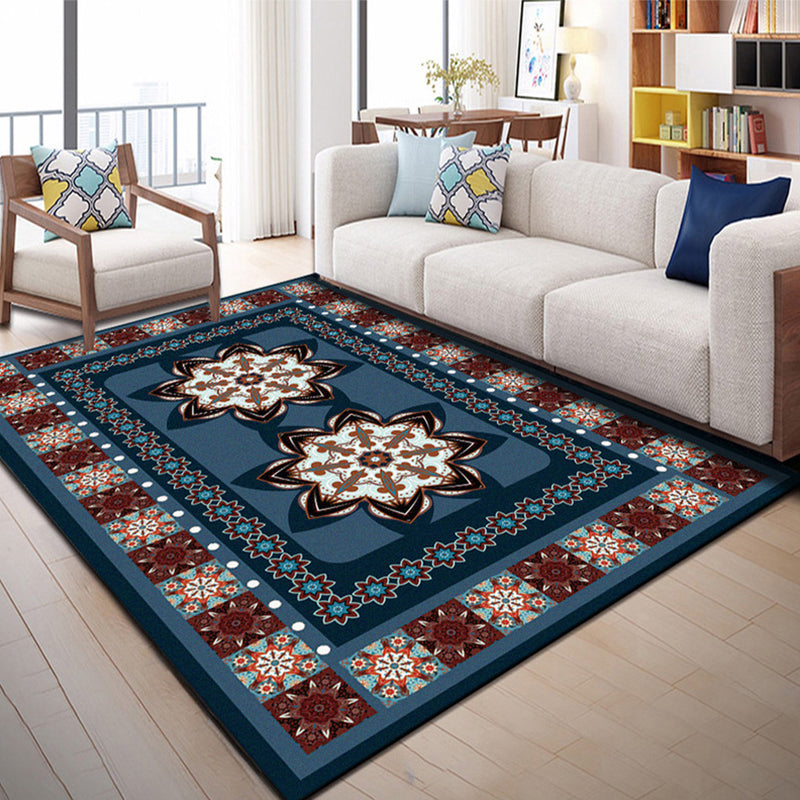 Lisslune | Blue Bedroom Rug Moroccan Floral Dots Rectangle Print Rug Polyester Non-Slip Rug