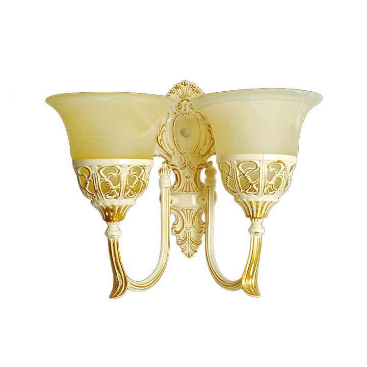 Skørter | Bell Beige Glass Wall Mounted Light Retro 2 Heads Living Room Wall Lamp with Curved Arm
