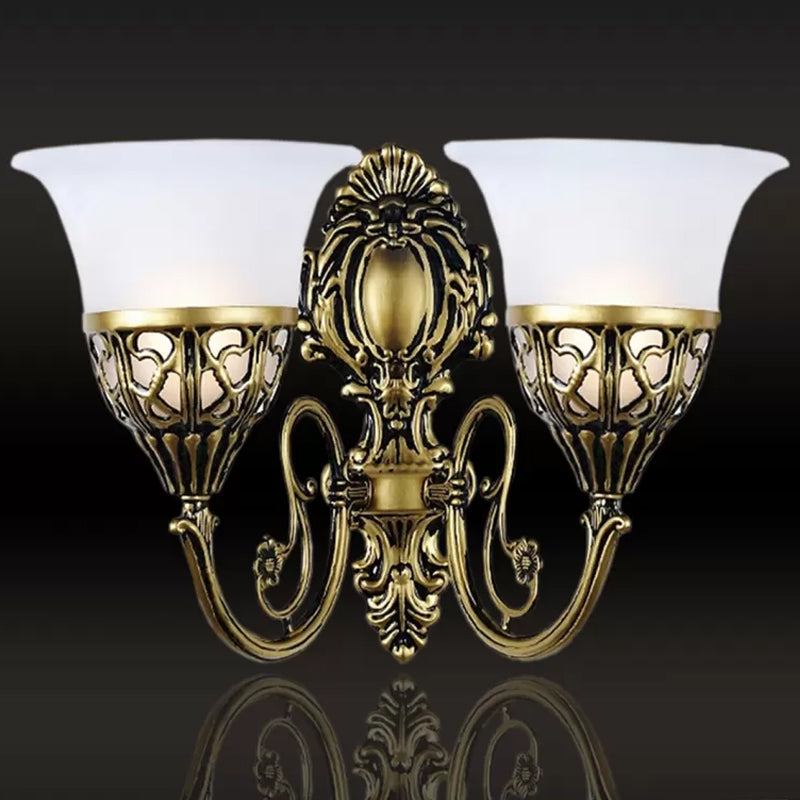 Skørter | Bronze-colored 2 Light Wall Sconce Vintage White Glass Bell Wall Lights for Hallway