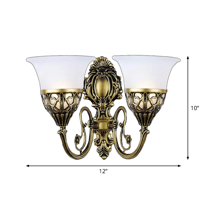 Skørter | Bronze-colored 2 Light Wall Sconce Vintage White Glass Bell Wall Lights for Hallway
