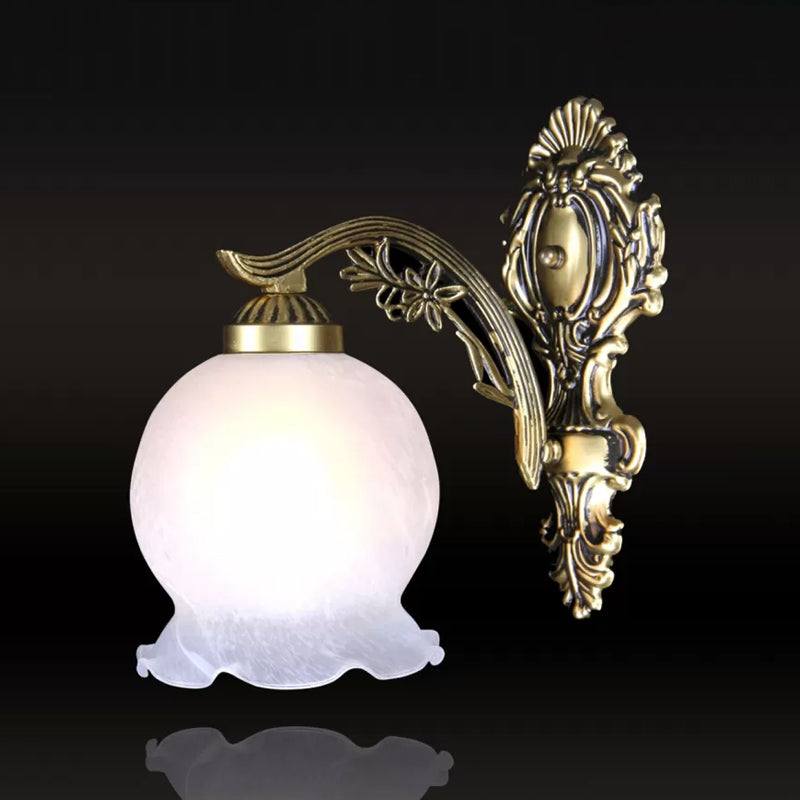 Skørter | Ball Frosted White Glass Wall Light Antique 1 Bulb Bedroom Lamp with Ruffle Trim in Bronze