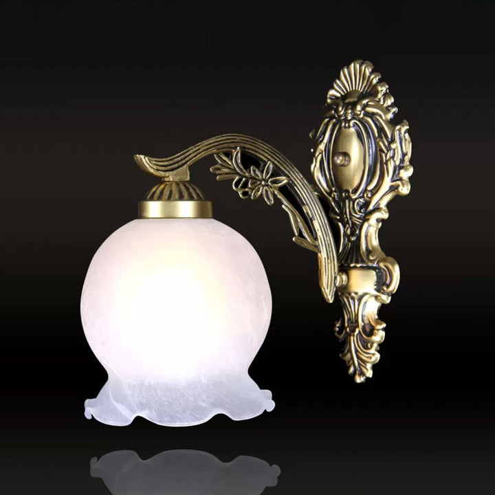 Skørter | Ball Frosted White Glass Wall Light Antique 1 Bulb Bedroom Lamp with Ruffle Trim in Bronze