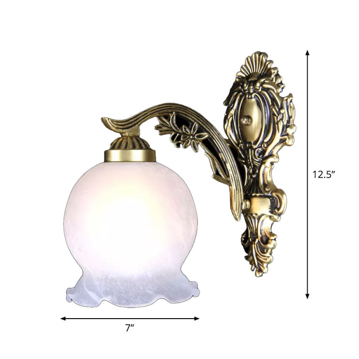 Skørter | Ball Frosted White Glass Wall Light Antique 1 Bulb Bedroom Lamp with Ruffle Trim in Bronze