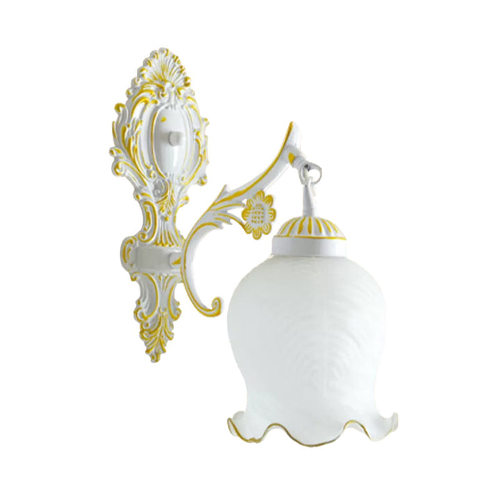 Skørter | Dome Ivory Glass Wall-Mounted Lamp Rustic 1-Light Dining Room Wall Lamp with Fringed Edge in White/Bronze