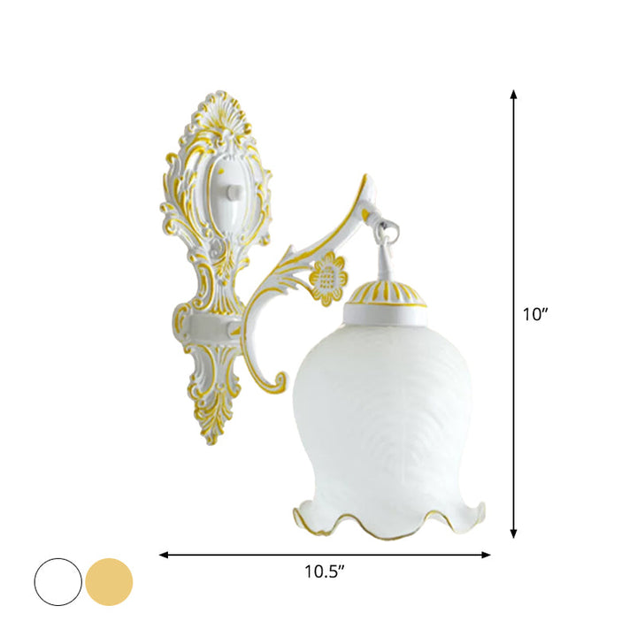 Skørter | Dome Ivory Glass Wall-Mounted Lamp Rustic 1-Light Dining Room Wall Lamp with Fringed Edge in White/Bronze