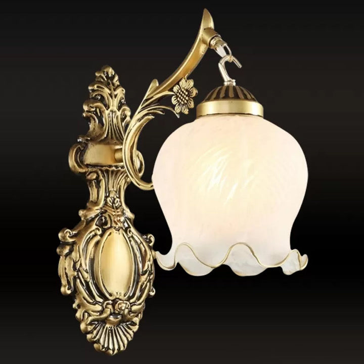Skørter | Dome Ivory Glass Wall-Mounted Lamp Rustic 1-Light Dining Room Wall Lamp with Fringed Edge in White/Bronze