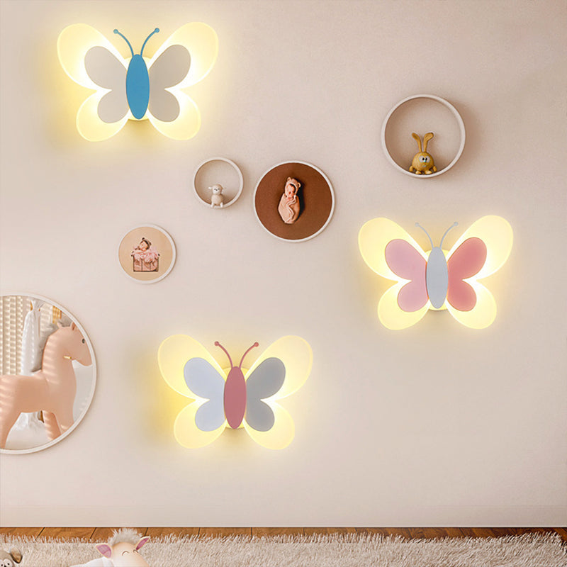 Lisslune | Butterfly LED Wall Light Cartoon Acrylic Pink/White/Blue LED Wall Lighting in Warm/White Light for Kindergarten