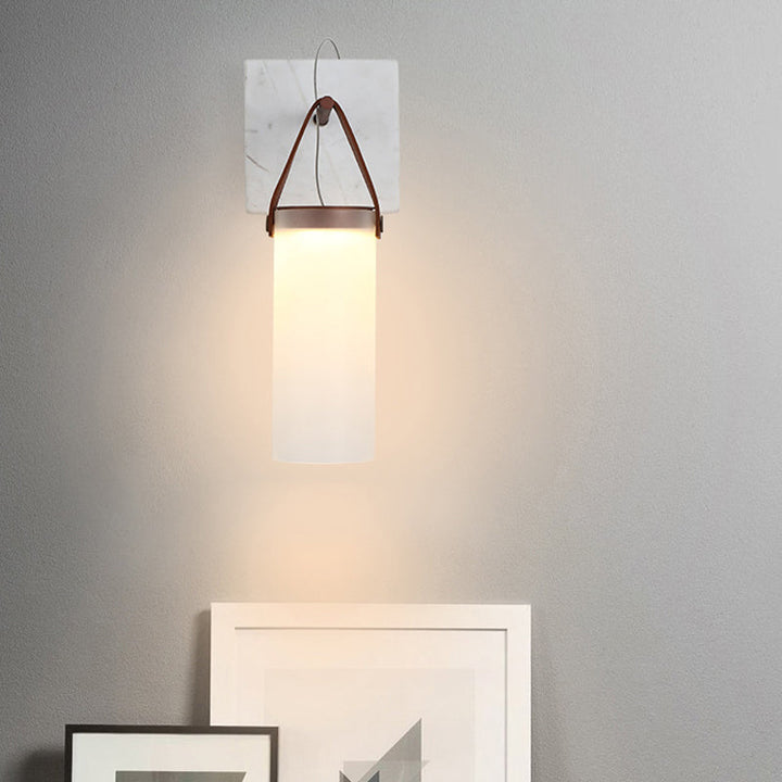 Lisslune | Cylinder Nightstand Wall Hanging Lamp White Glass Nordic LED Wall Lamp with Leather Strap