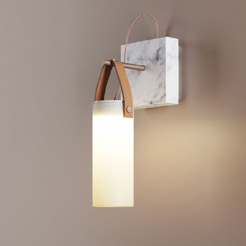 Lisslune | Cylinder Nightstand Wall Hanging Lamp White Glass Nordic LED Wall Lamp with Leather Strap