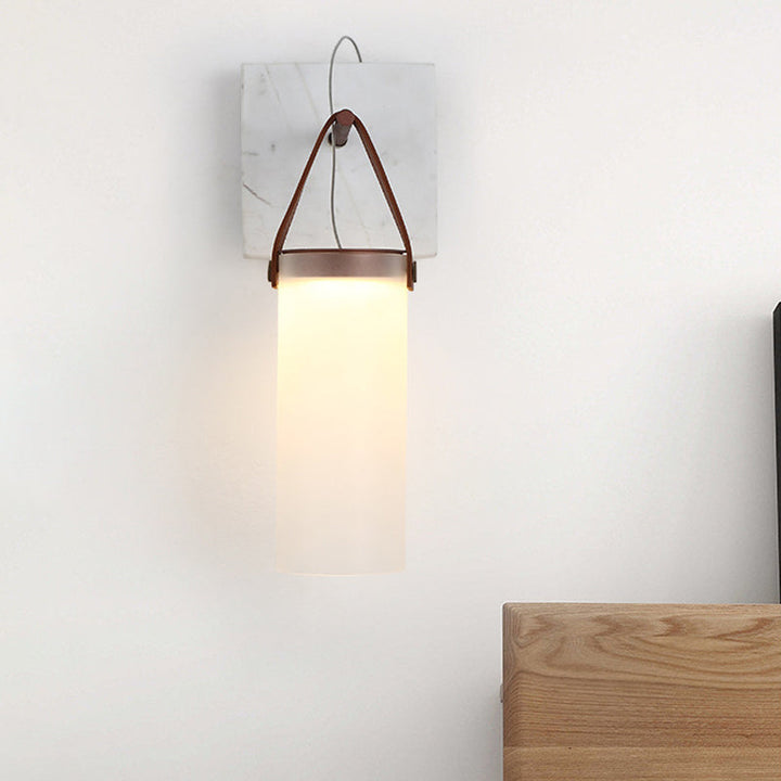 Lisslune | Cylinder Nightstand Wall Hanging Lamp White Glass Nordic LED Wall Lamp with Leather Strap