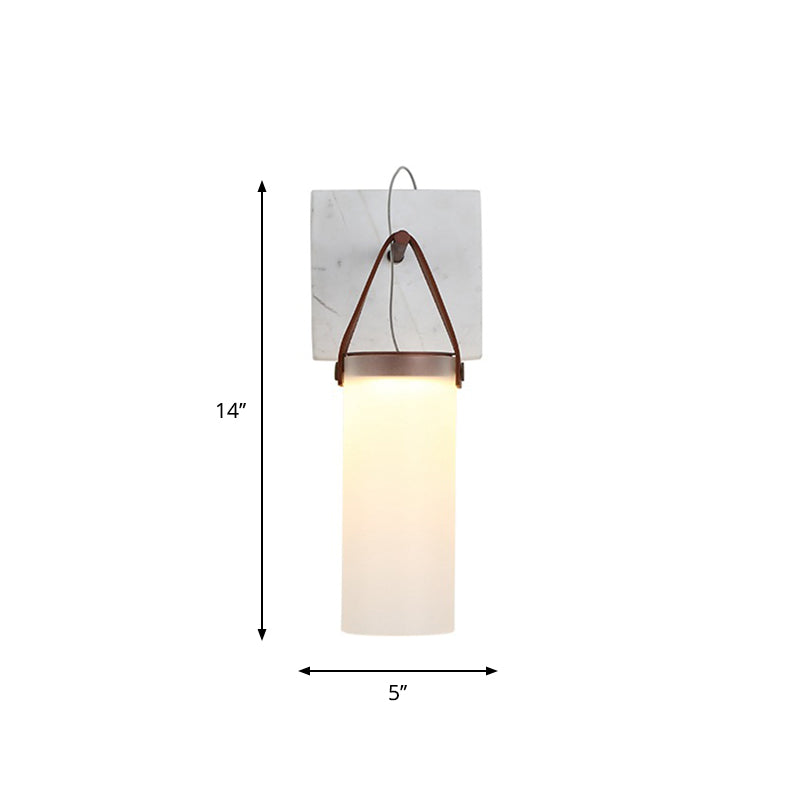 Lisslune | Cylinder Nightstand Wall Hanging Lamp White Glass Nordic LED Wall Lamp with Leather Strap