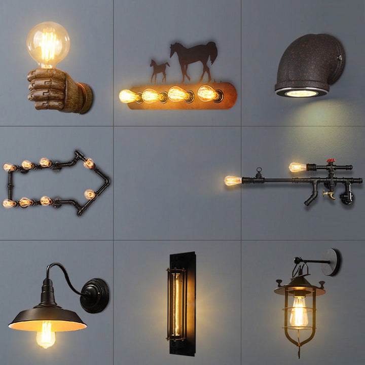 Lisslune | Iron Black Surface Wall Sconce Water Pipe/Cage/Fist-shaped 1-Bulb Industrial Style Wall Mounted Light Fixture