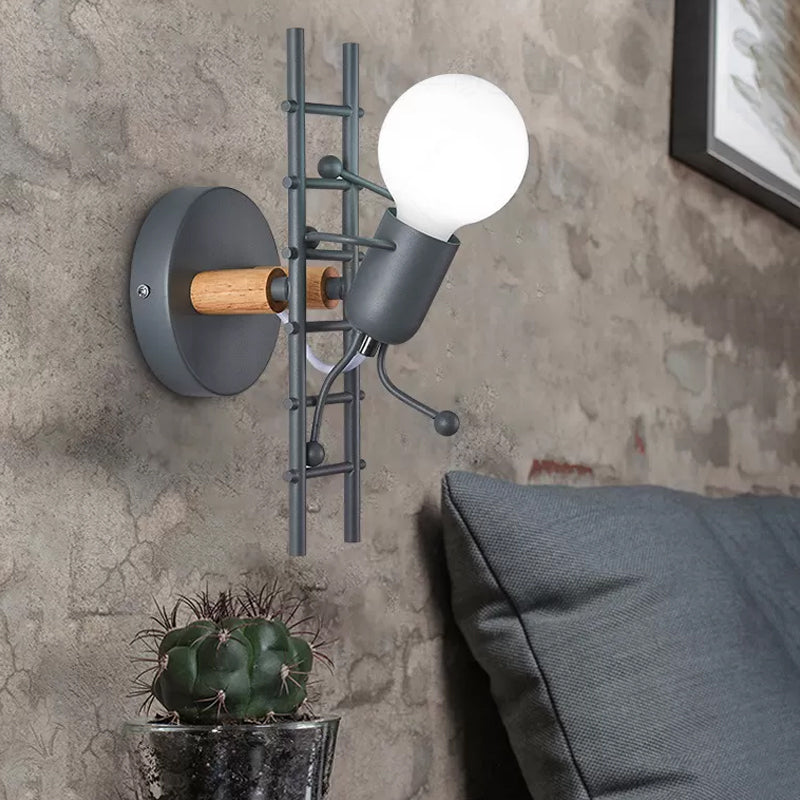 Skørter | Gray/white and wooden ladder man wall lamp cartoon 1-light metal wall-mounted lighting fixture