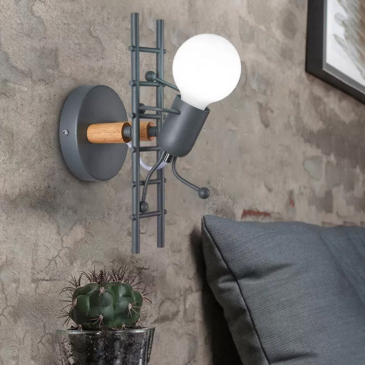 Skørter | Gray/white and wooden ladder man wall lamp cartoon 1-light metal wall-mounted lighting fixture