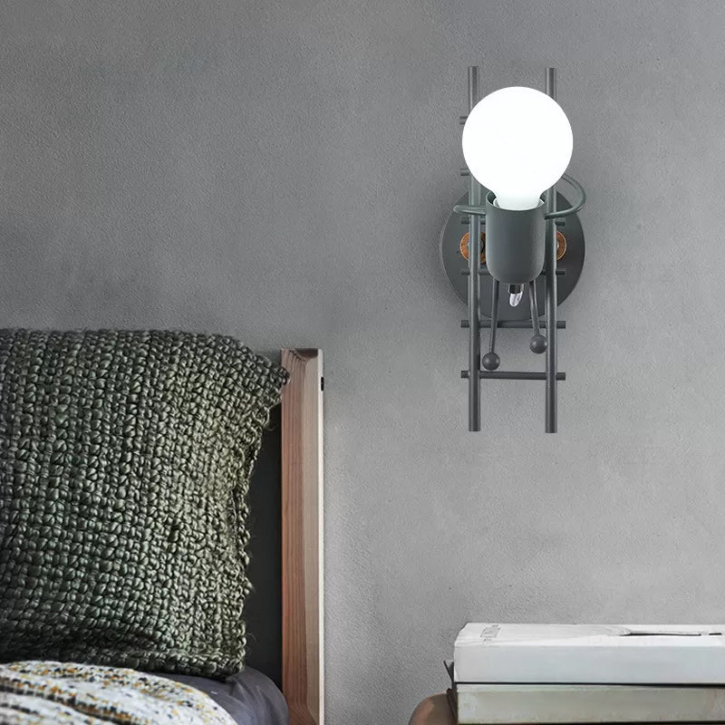 Skørter | Gray/white and wooden ladder man wall lamp cartoon 1-light metal wall-mounted lighting fixture