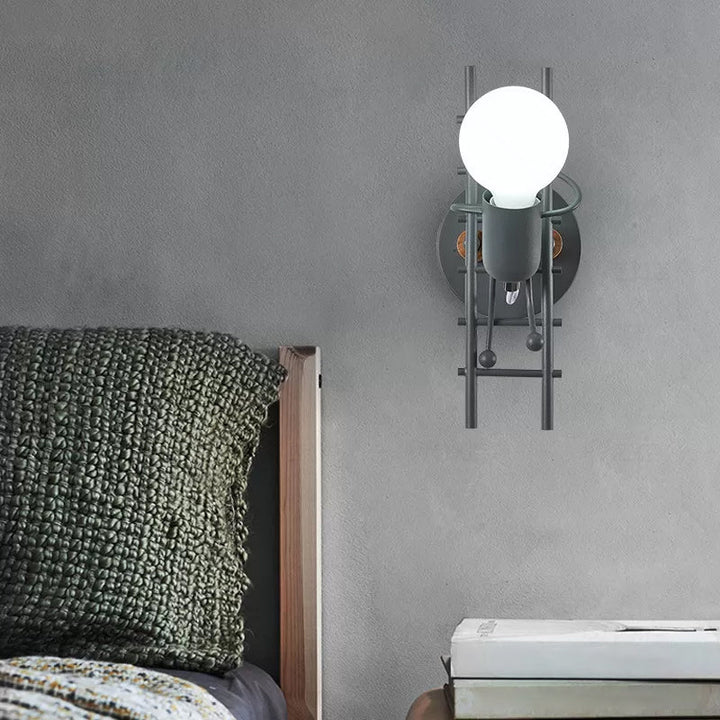 Skørter | Gray/white and wooden ladder man wall lamp cartoon 1-light metal wall-mounted lighting fixture
