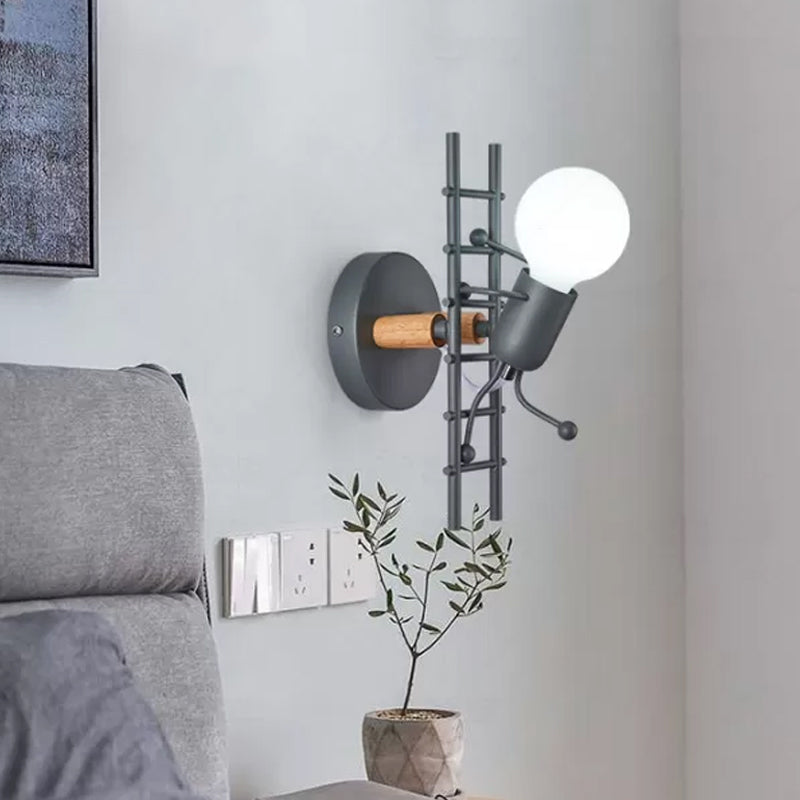 Skørter | Gray/white and wooden ladder man wall lamp cartoon 1-light metal wall-mounted lighting fixture