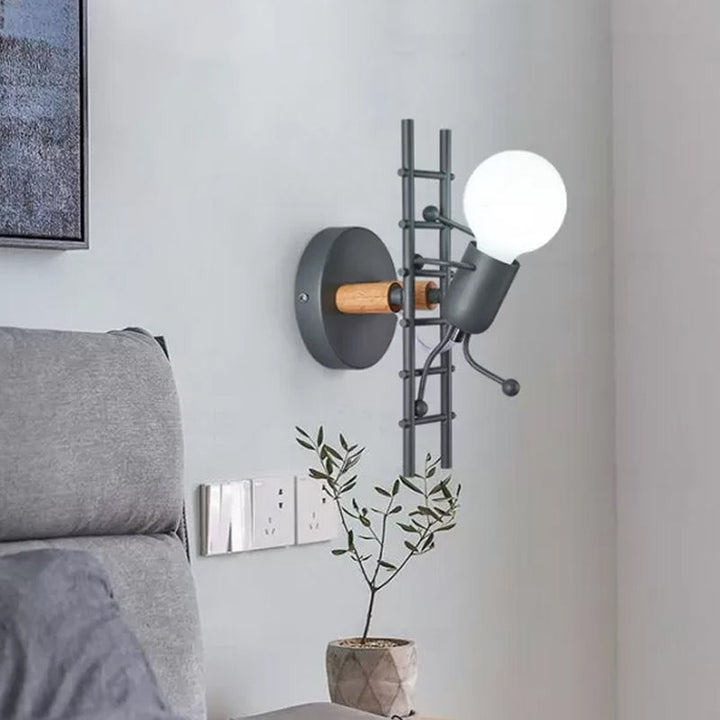 Skørter | Gray/white and wooden ladder man wall lamp cartoon 1-light metal wall-mounted lighting fixture