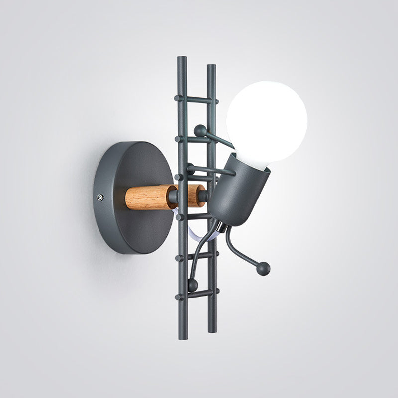 Skørter | Gray/white and wooden ladder man wall lamp cartoon 1-light metal wall-mounted lighting fixture