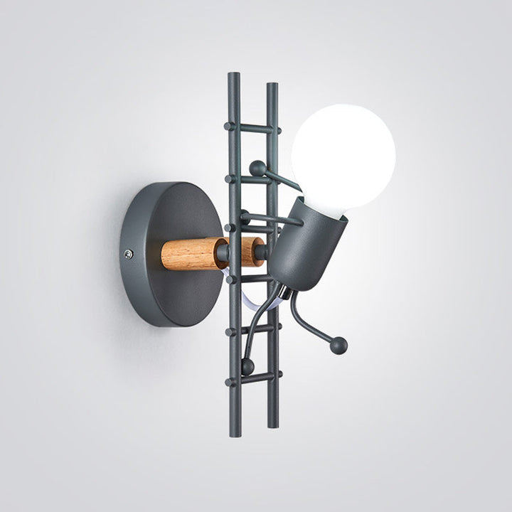 Skørter | Gray/white and wooden ladder man wall lamp cartoon 1-light metal wall-mounted lighting fixture