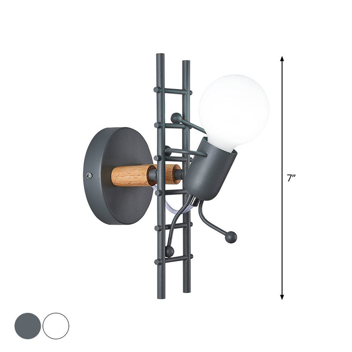 Skørter | Gray/white and wooden ladder man wall lamp cartoon 1-light metal wall-mounted lighting fixture