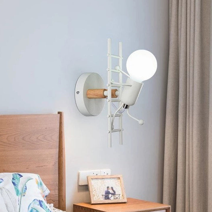 Skørter | Gray/white and wooden ladder man wall lamp cartoon 1-light metal wall-mounted lighting fixture