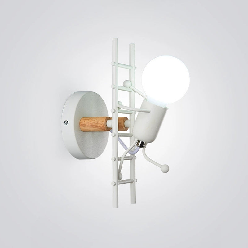 Skørter | Gray/white and wooden ladder man wall lamp cartoon 1-light metal wall-mounted lighting fixture