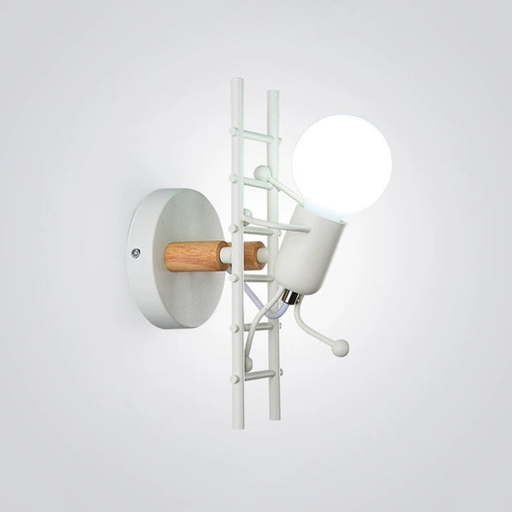 Skørter | Gray/white and wooden ladder man wall lamp cartoon 1-light metal wall-mounted lighting fixture