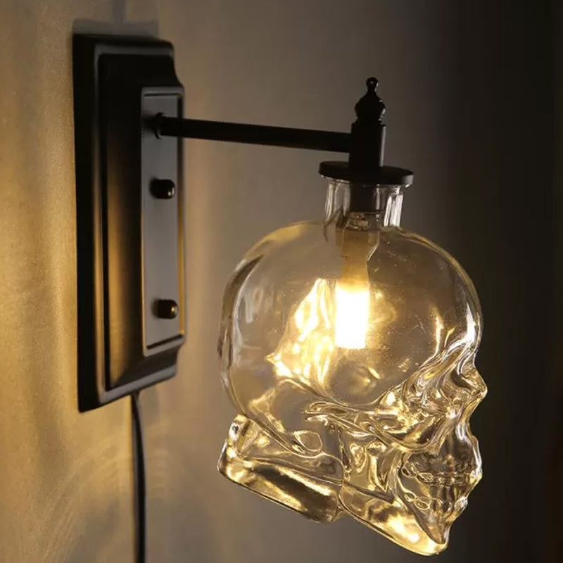 Skørter | Clear Glass Skull Wall Lamp Decorative 1-Light Black Wall Mount Socket